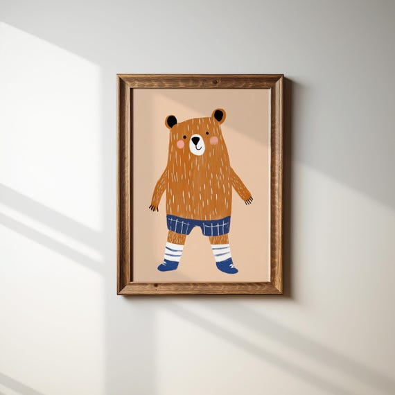 Playful Bear Art Print Woodland Nursery Wall Art Kids Room Decor Cute Bear In Shorts Art