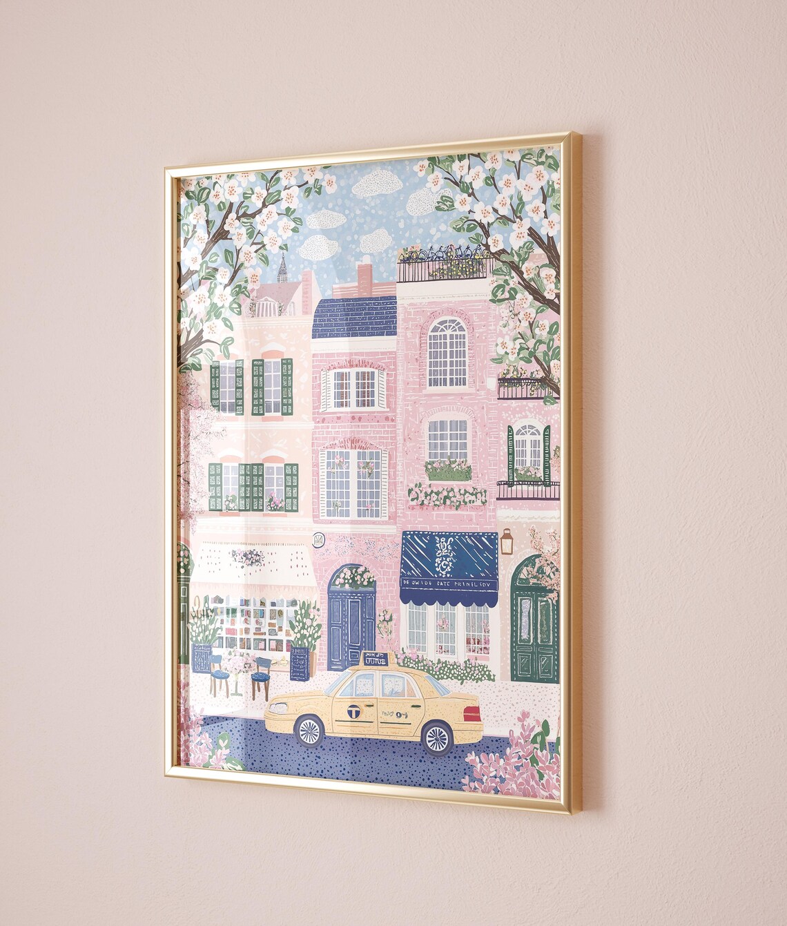 Paris Street Pink Buildings Cherry Blossom Yellow Taxi Cafe Poster - Image 5