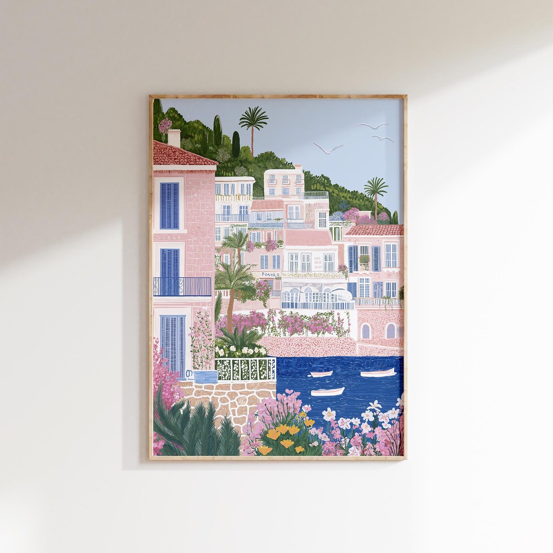 Pink Mediterranean Villa Bougainvillea Coastal Boats Summer Poster - Image 2