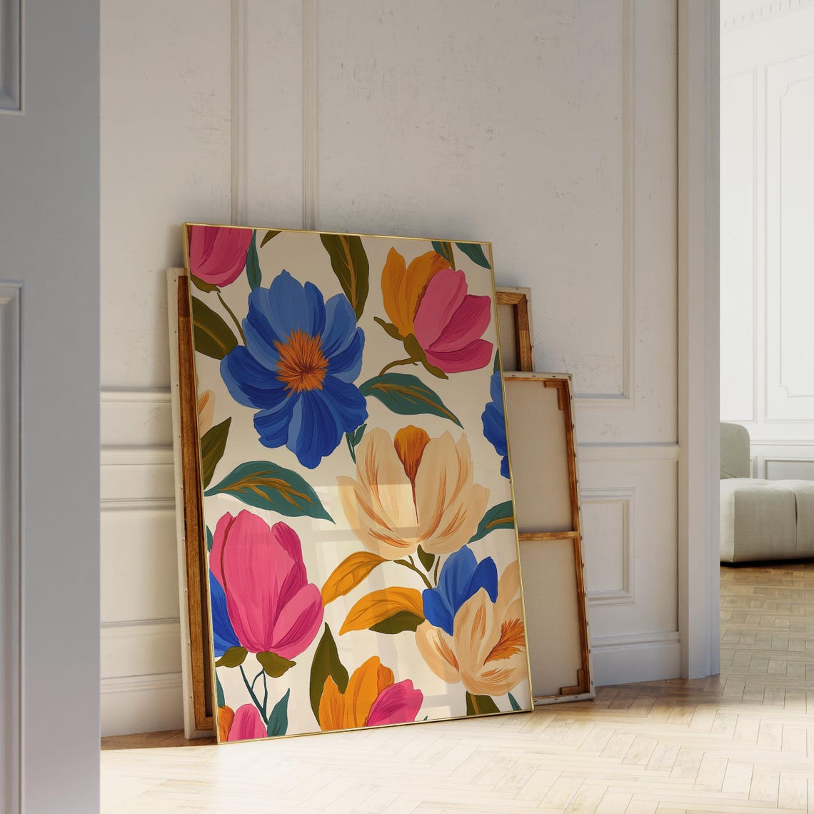 Bold Blue Pink Floral Print Large Scale Modern Botanical Wall Art - Image 6