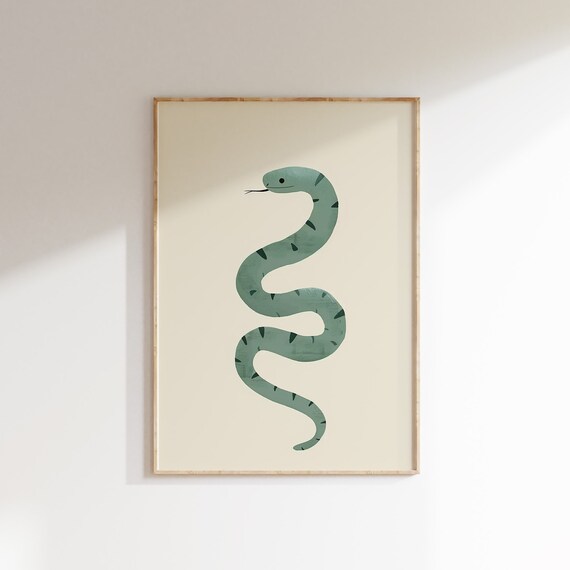 Scandinavian Green Snake Art Poster Cute Zigzag Nursery Style