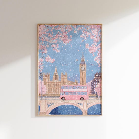London Big Ben And Cherry Blossoms Wall Art Pink Double Decker Bus Print Westminster Bridge Decor Uk Travel Print London Art