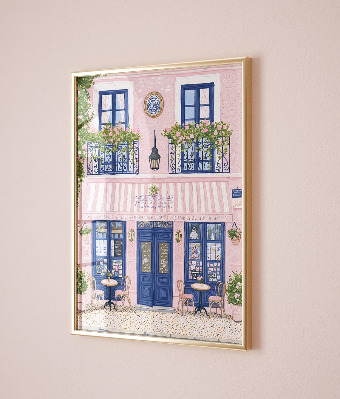 Parisian Cafe Pink Facade Blue Doors French Bistro Charm Poster - Image 2