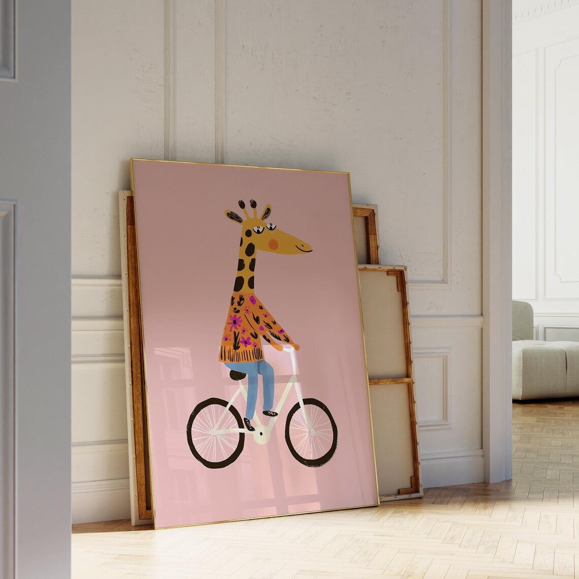 Giraffe Riding Bicycle Orange Floral Sweater Pink Nursery Kids Wall Poster - Image 4