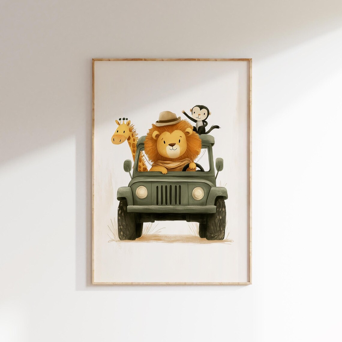Safari Lion Driving Jeep Giraffe Monkey Cute Watercolor Nursery Poster - Image 2