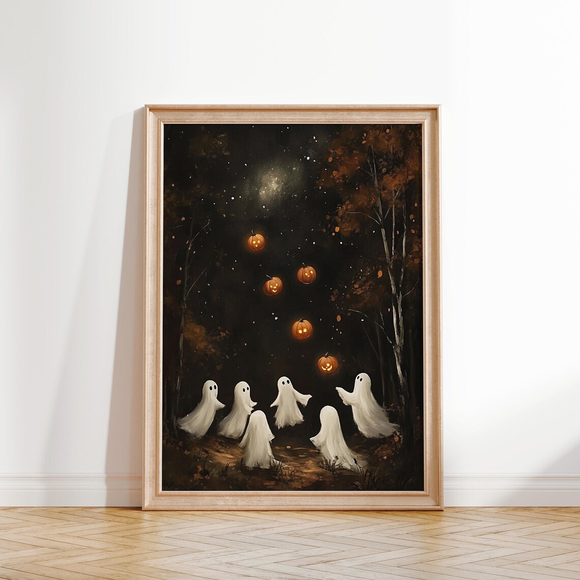 Ghosts With Floating Pumpkins Starry Night Vintage Halloween Art Poster - Image 2