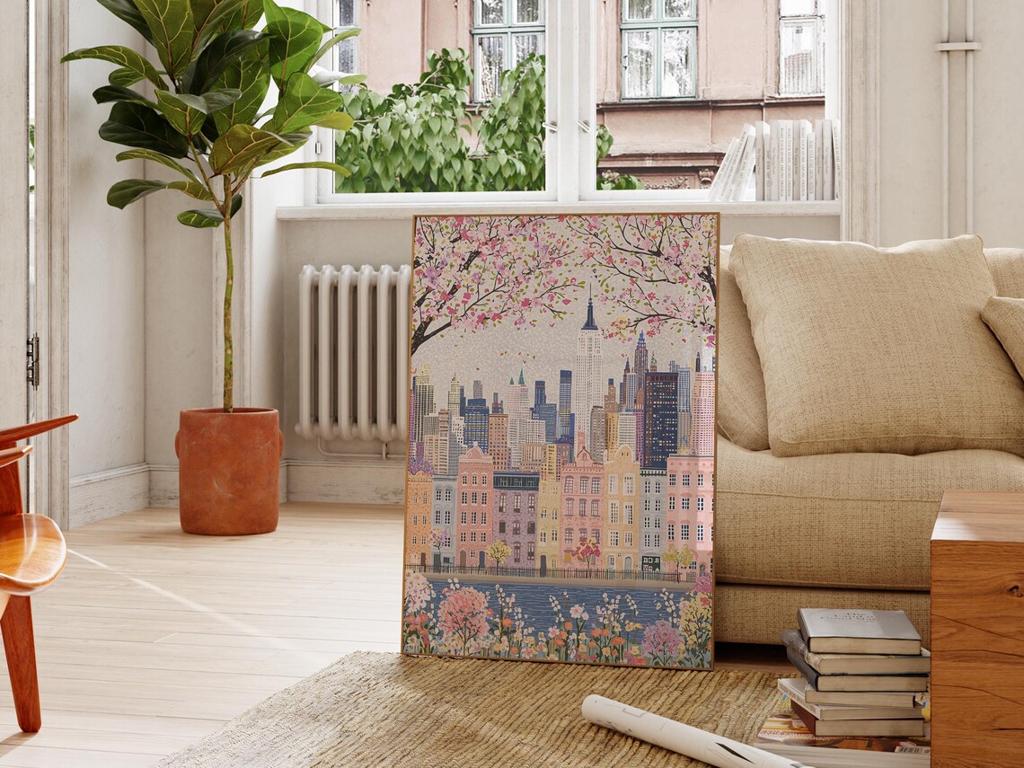 New York City Manhattan Skyline Spring Cherry Blossom Art Poster