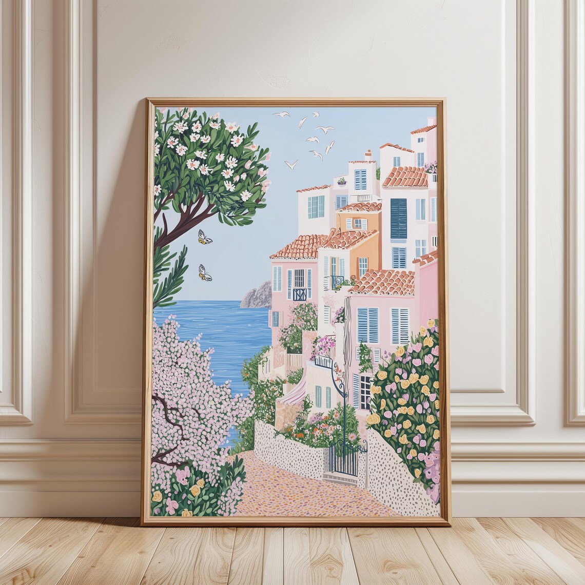 Positano Style Cliffside Village Blue Sea Spring Flowers Poster