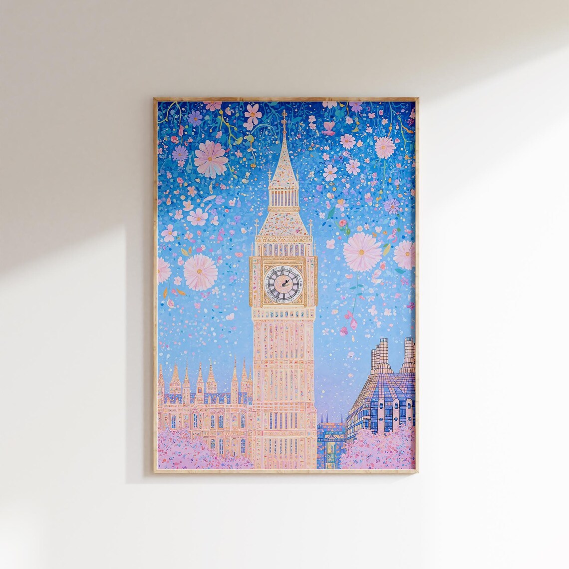 Big Ben London Clock Tower with Pink Flowers Pastel Cityscape Art Poster