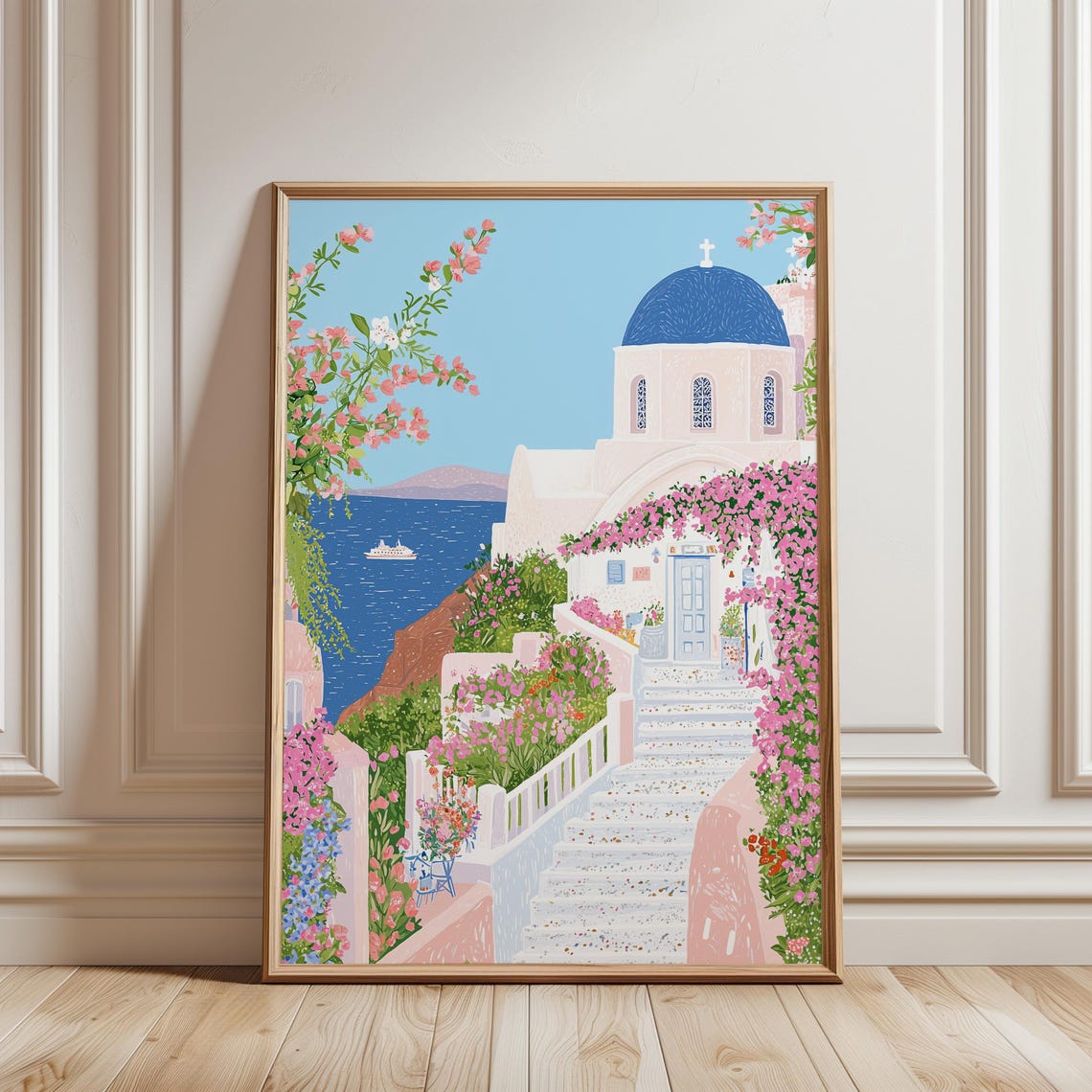 Santorini Blue Dome Church Bougainvillea Steps Greece Poster