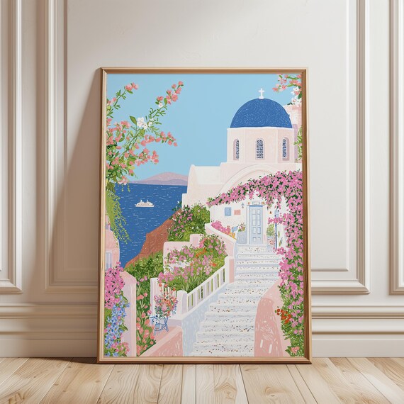 Santorini Wall Art Greek Church Print Mediterranean Sea Blue Dome Art Pink Floral Architecture Coastal Home Decor