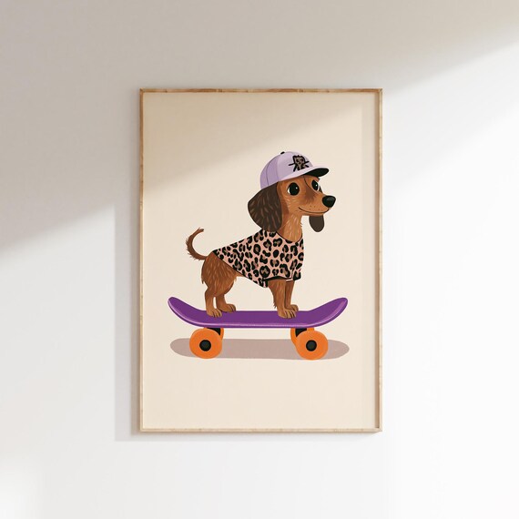 Dachshund On Skateboard Wearing Leopard Tee Cute Kids Room Dog Poster