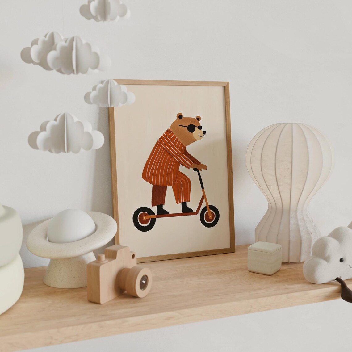Bear In Striped Pajamas Riding Red Scooter Nursery Kids Animal Poster