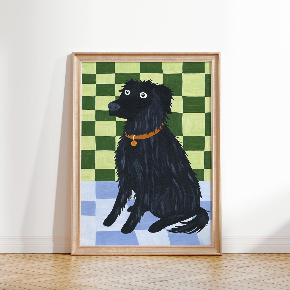 Black Shaggy Dog Orange Collar Green Checkered Nursery Kids Room Poster - Image 2