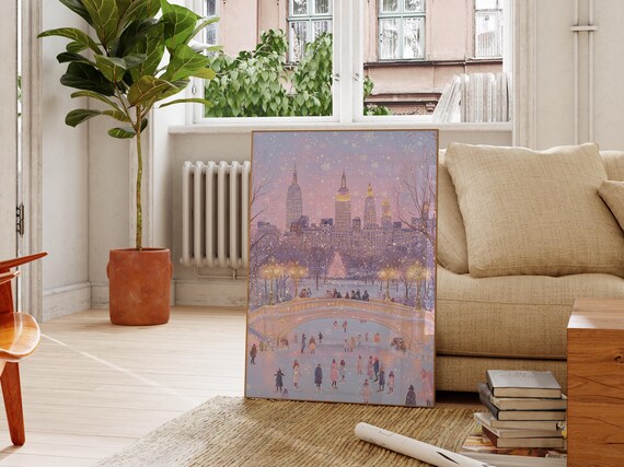 Central Park Bow Bridge Winter Ice Skaters Snowy NYC Skyline Poster