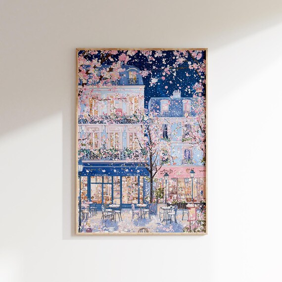 Parisian Cafe Under Cherry Blossoms at Night Romantic City Lights Poster