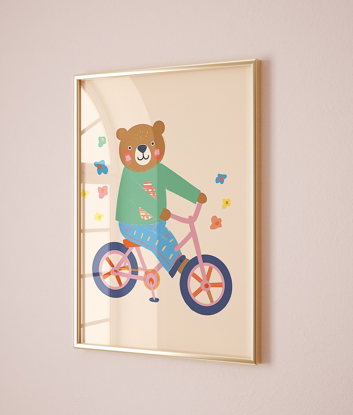 Bear Riding A Pink Bicycle Playful Cartoon Animal Kids Illustrated Poster - Image 2