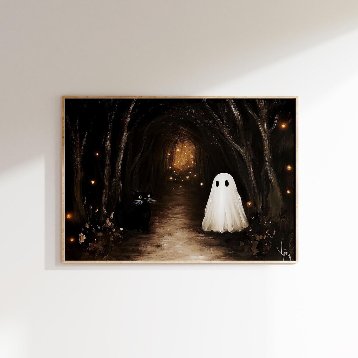 Ghost And Black Cat In Dark Glowing Forest Tunnel Halloween Poster