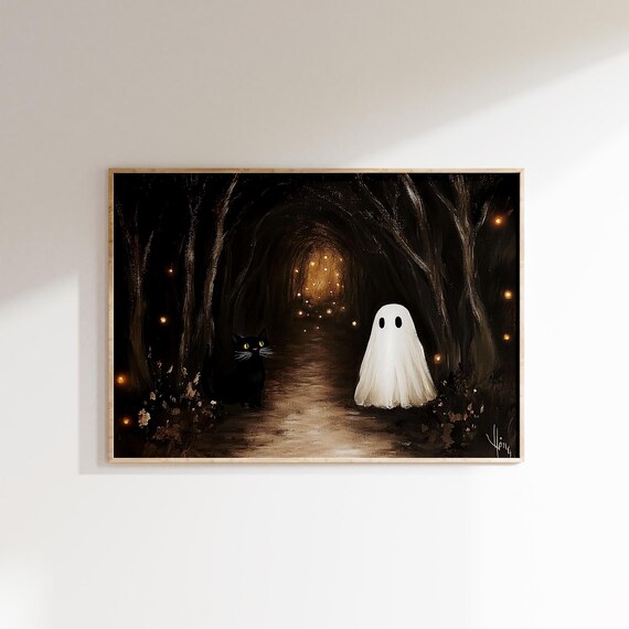 Ghost And Black Cat In Dark Glowing Forest Tunnel Halloween Poster