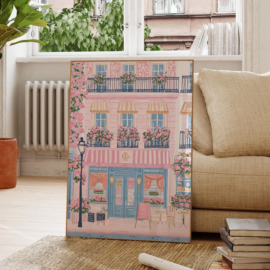 Parisian Pink Cafe Facade Striped Awning Roses Flower Spring Poster - Image 2