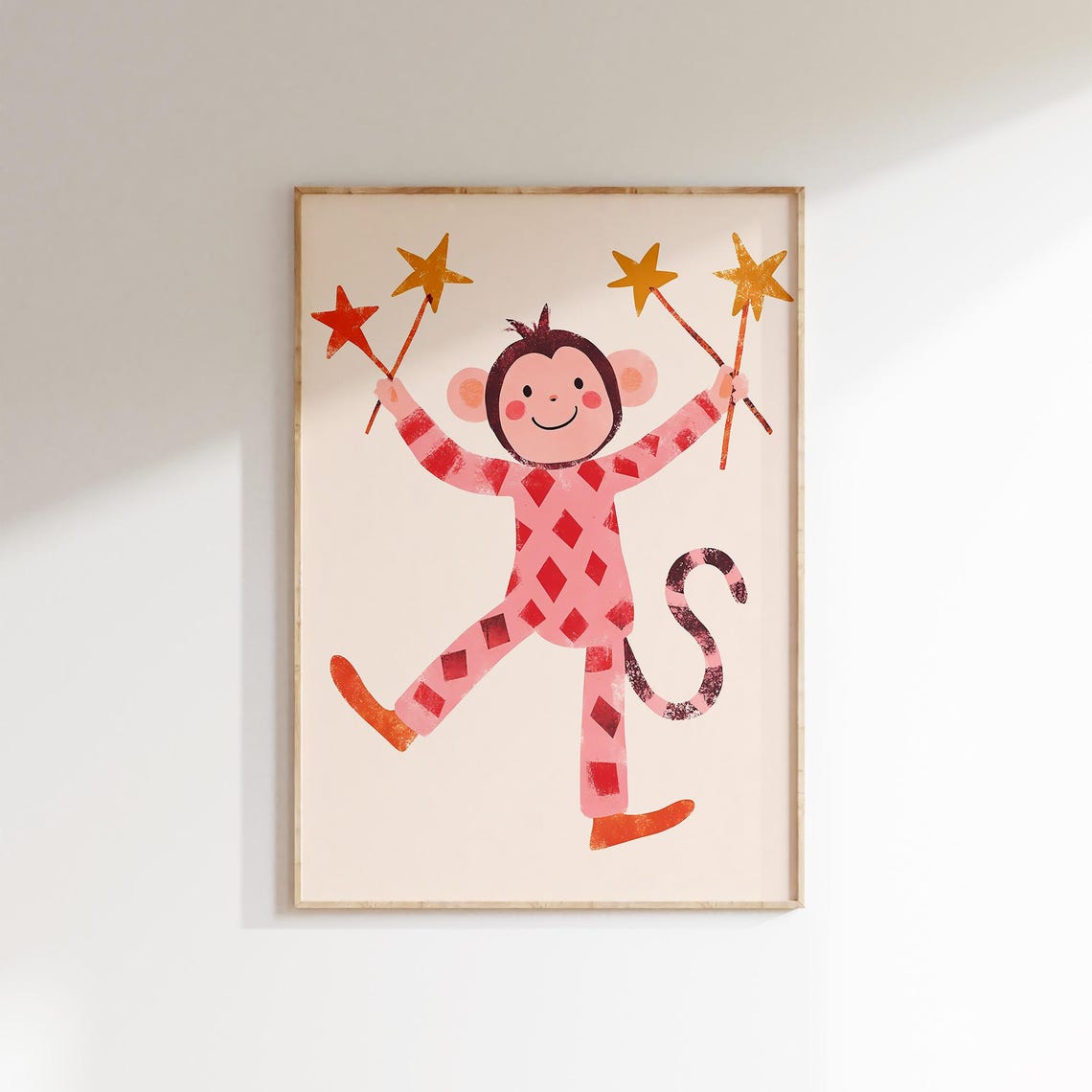 Cheerful Monkey with Star Wands Circus Themed Kids Room Art Poster