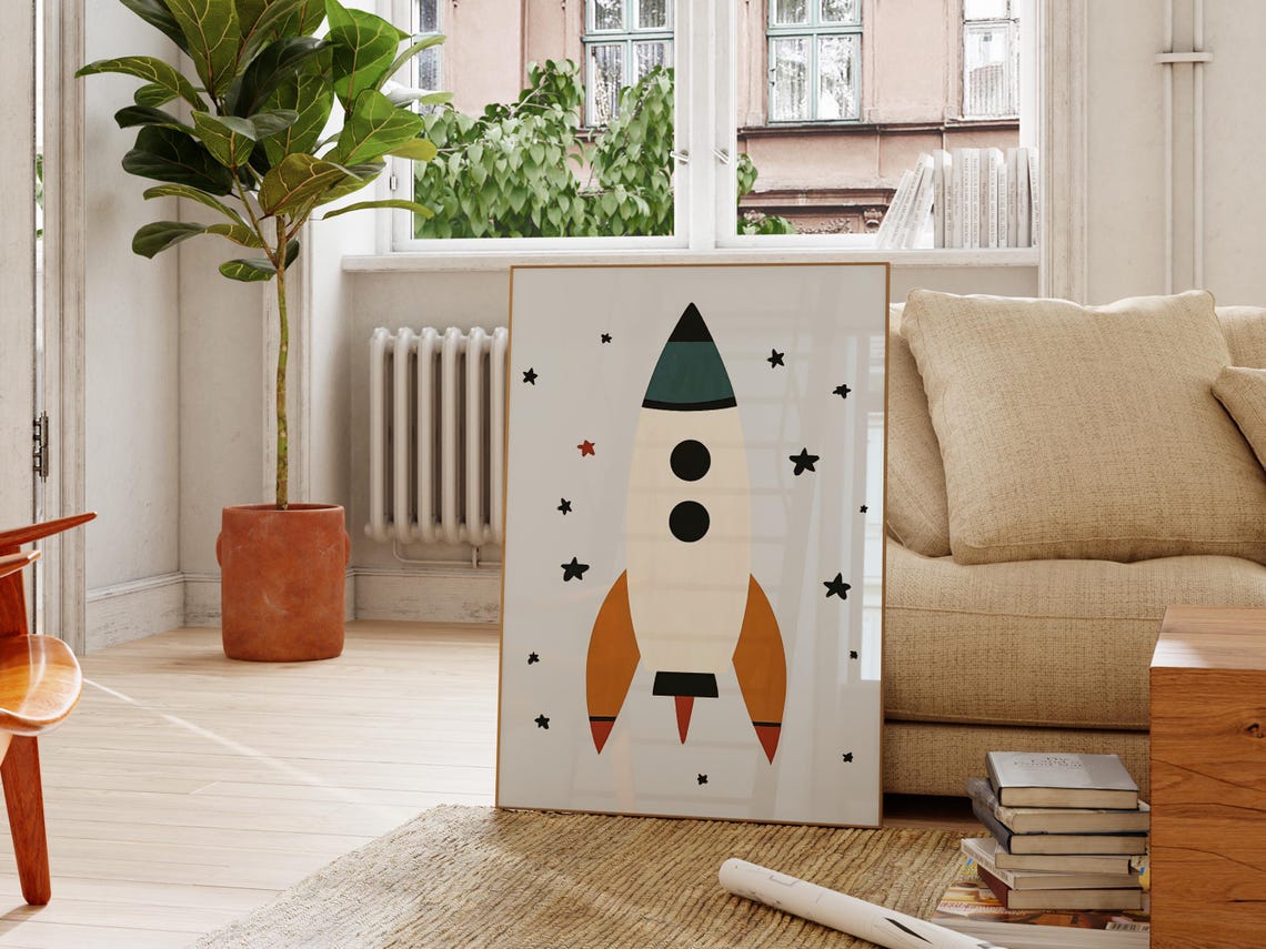 Space Rocket Wall Art Modern Kids Room Decor Star Nursery Print Boys Room Art Baby Space Theme - Image 4