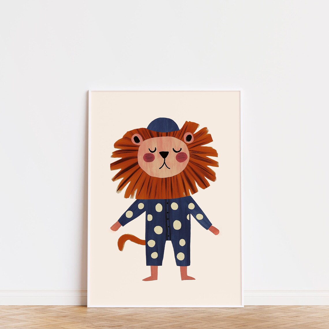 Sleepy Lion Navy Polka Dot Pajamas Nightcap Bedtime Nursery Wall Art Print - Image 3