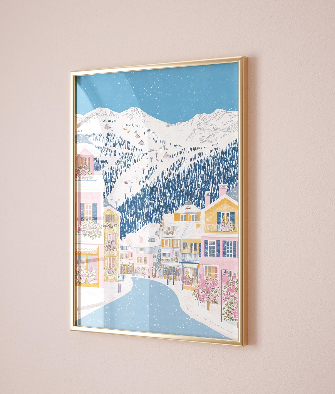 Alpine Ski Village Snowy Chalets Mountain Resort Winter Poster - Image 3