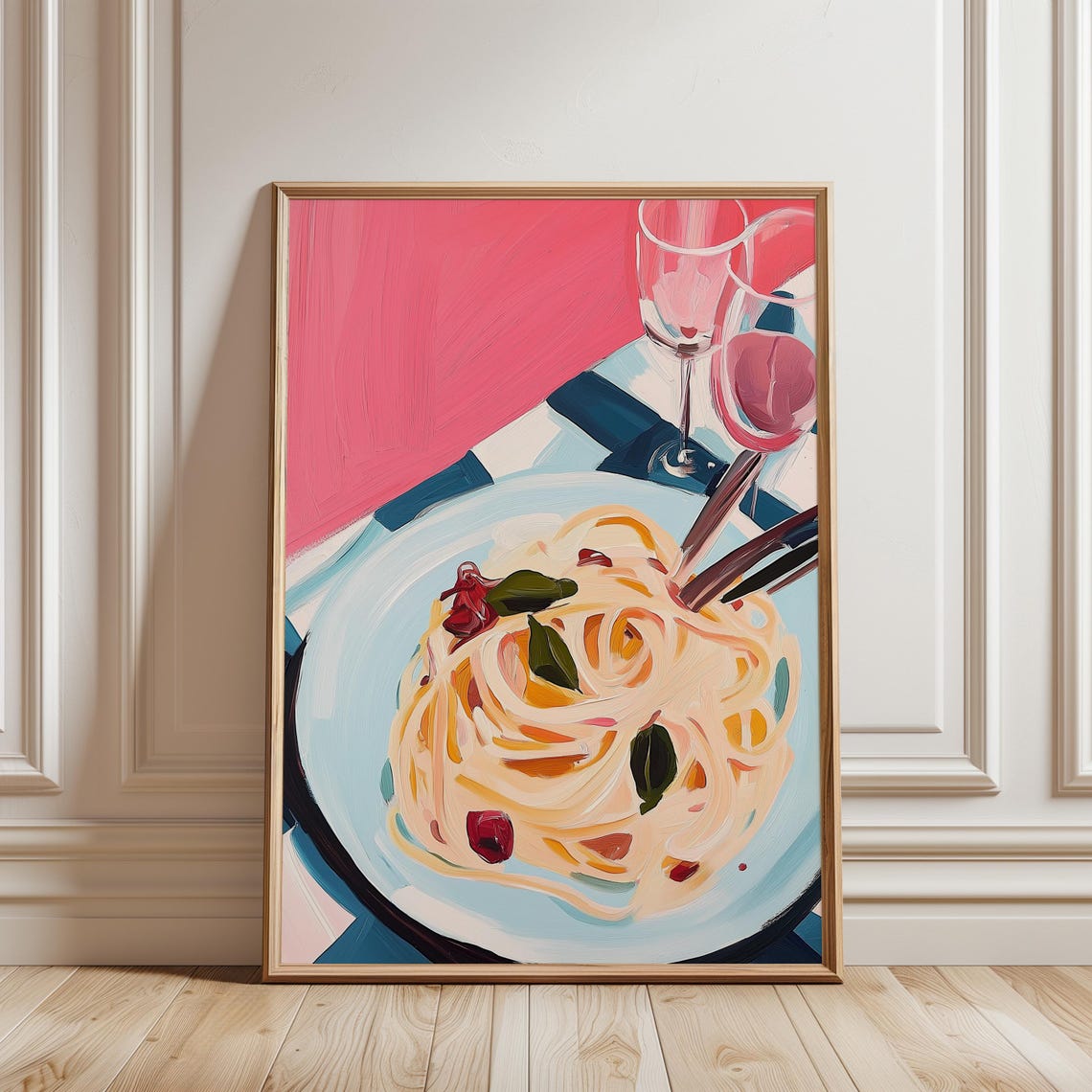 Italian Spaghetti Bowl Basil Tomatoes Rose Wine Painterly Pasta Poster - Image 2