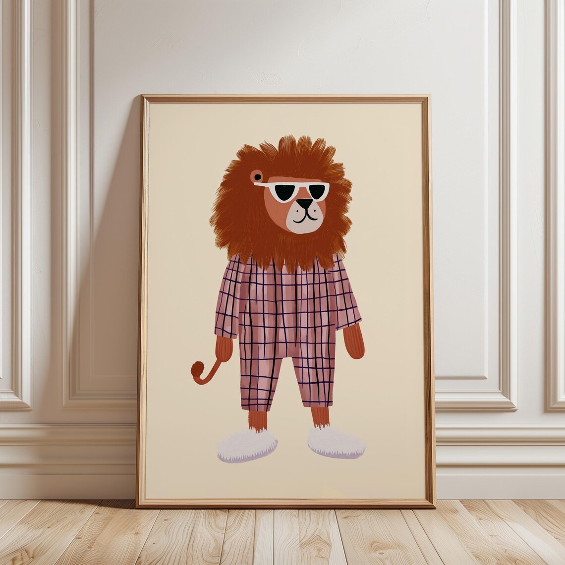 Cool Lion In Pink Plaid Pajamas Sunglasses Nursery Animal Wall Art