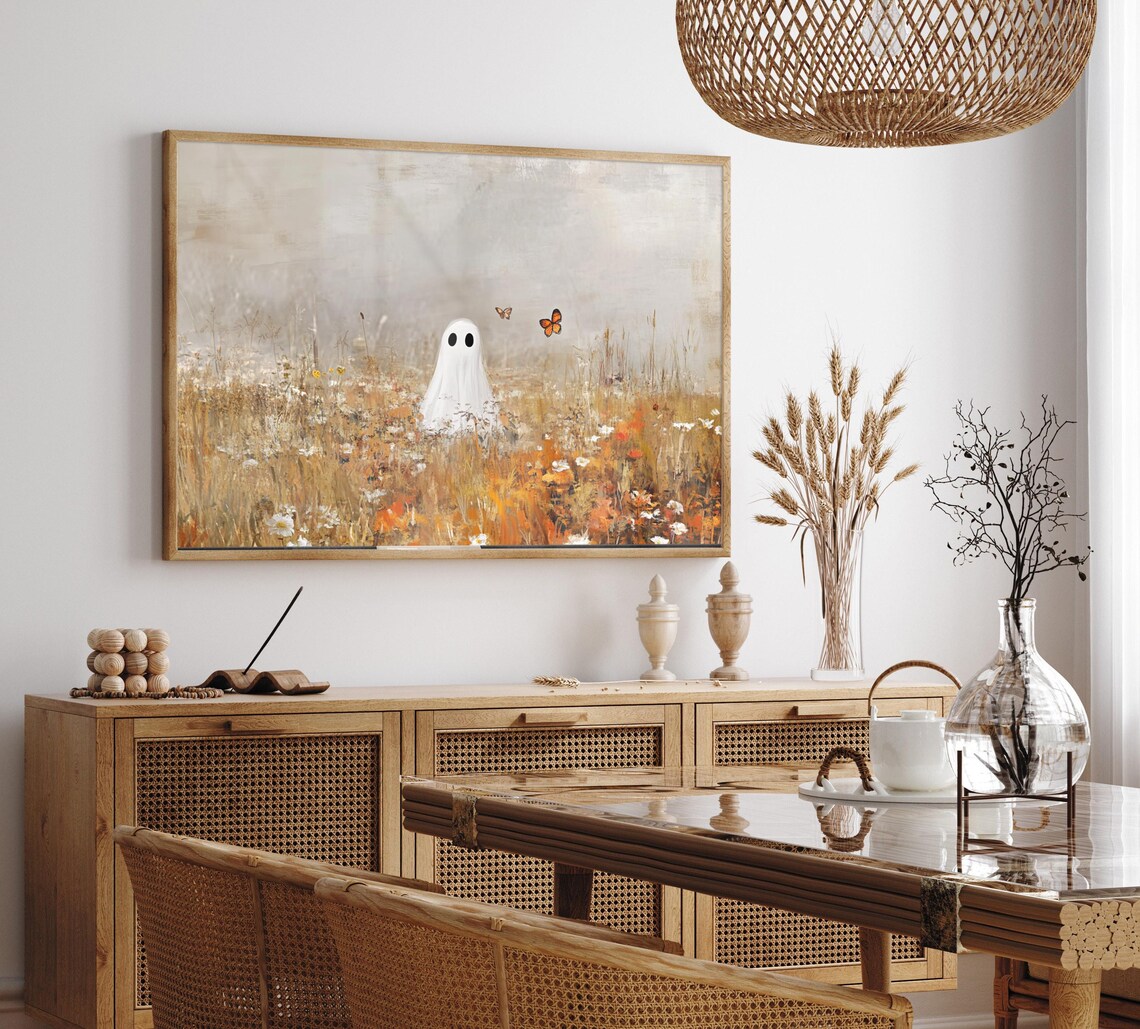 Cute Ghost Butterflies Field Vintage Halloween Spooky Poster Art - Image 2