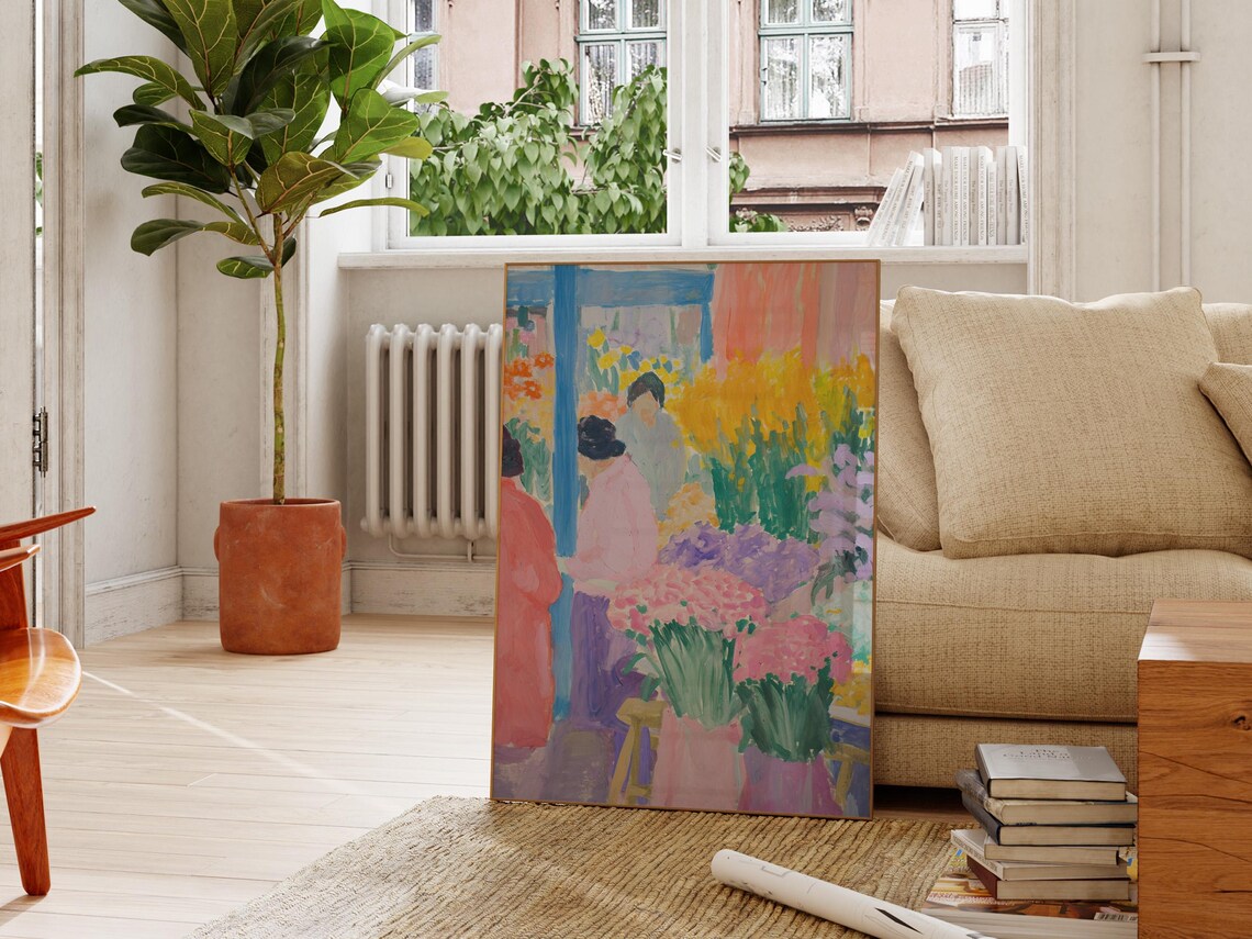 Flower Market Scene Art Poster with Shoppers and Colorful Blooms