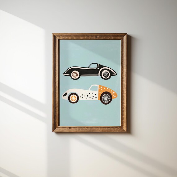 Retro Race Car Duo Blue Nursery Boys Room Vintage Car Poster Decor