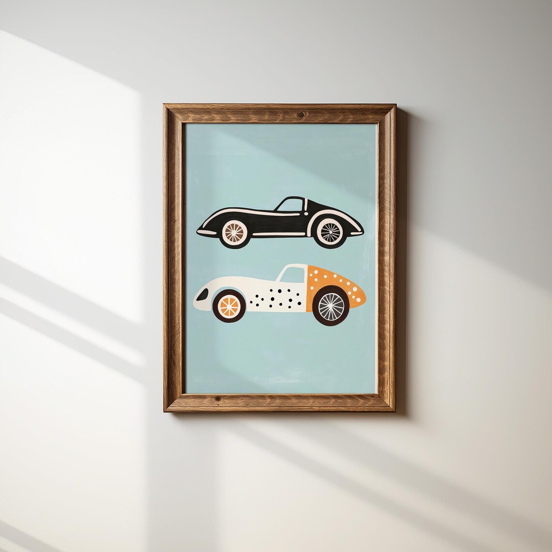 Retro Race Car Duo Blue Nursery Boys Room Vintage Car Poster Decor