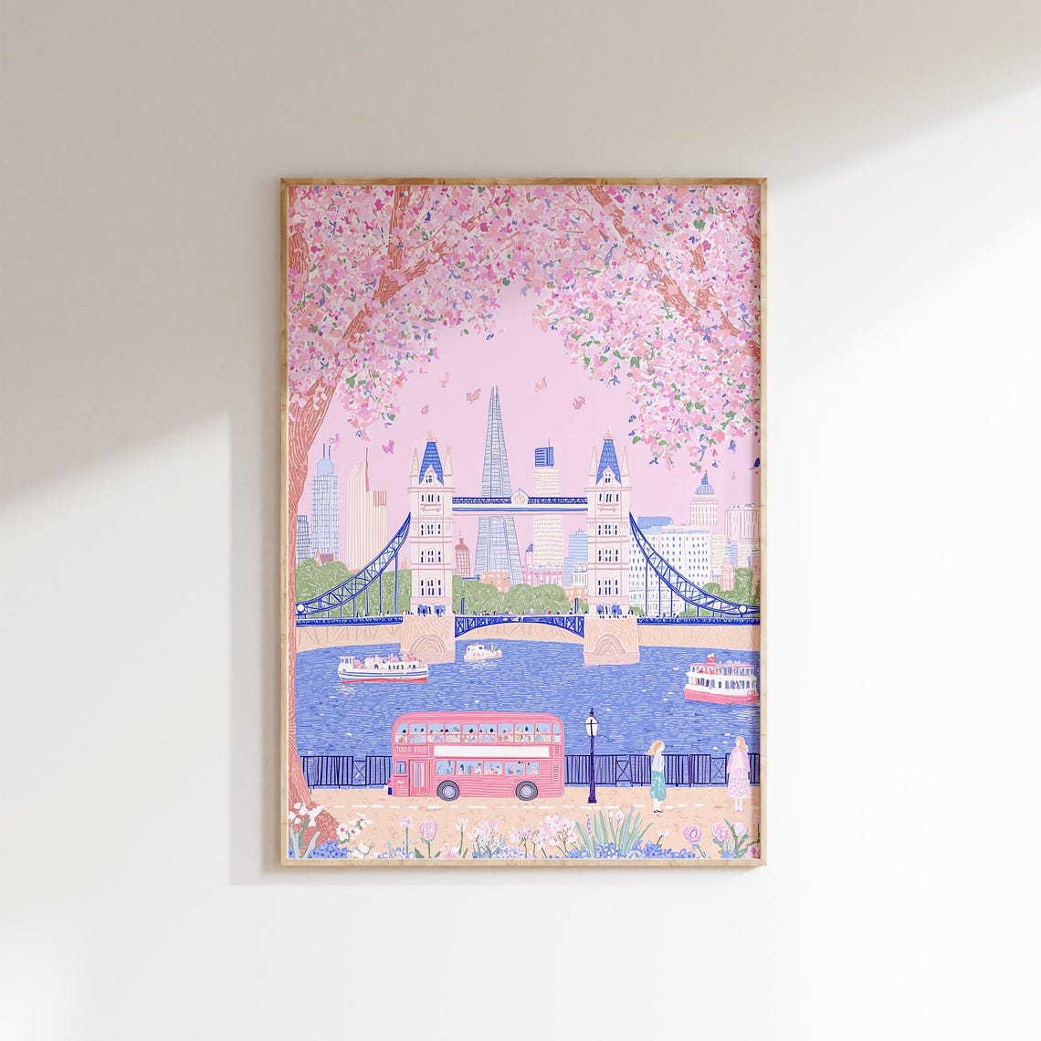 London Tower Bridge Pink Bus Cherry Blossom Spring Skyline Poster - Image 2