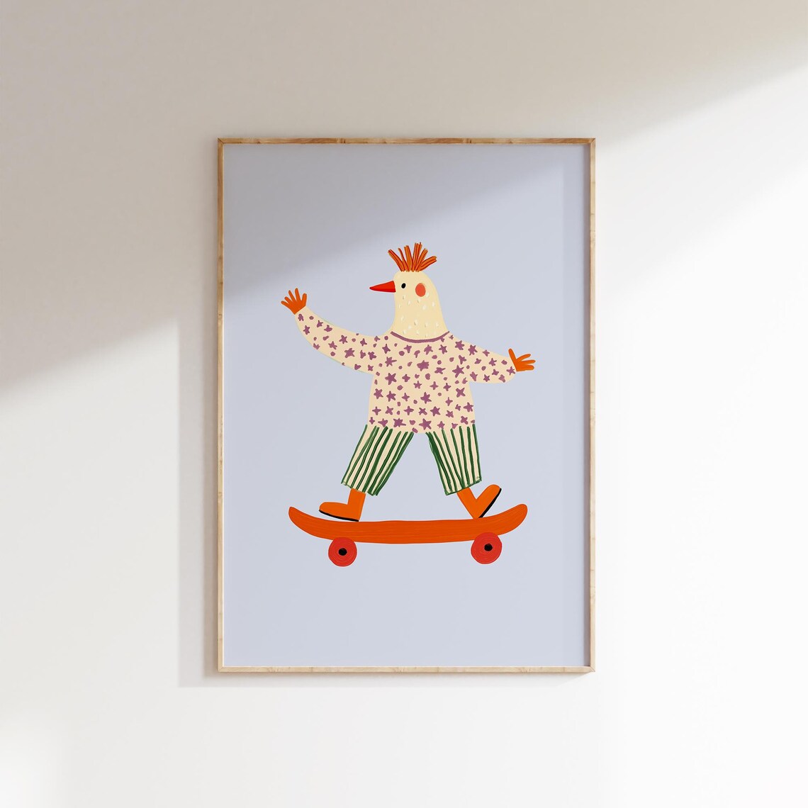 Cool Skateboarding Chicken Fun Kids Room Animal Illustration Poster