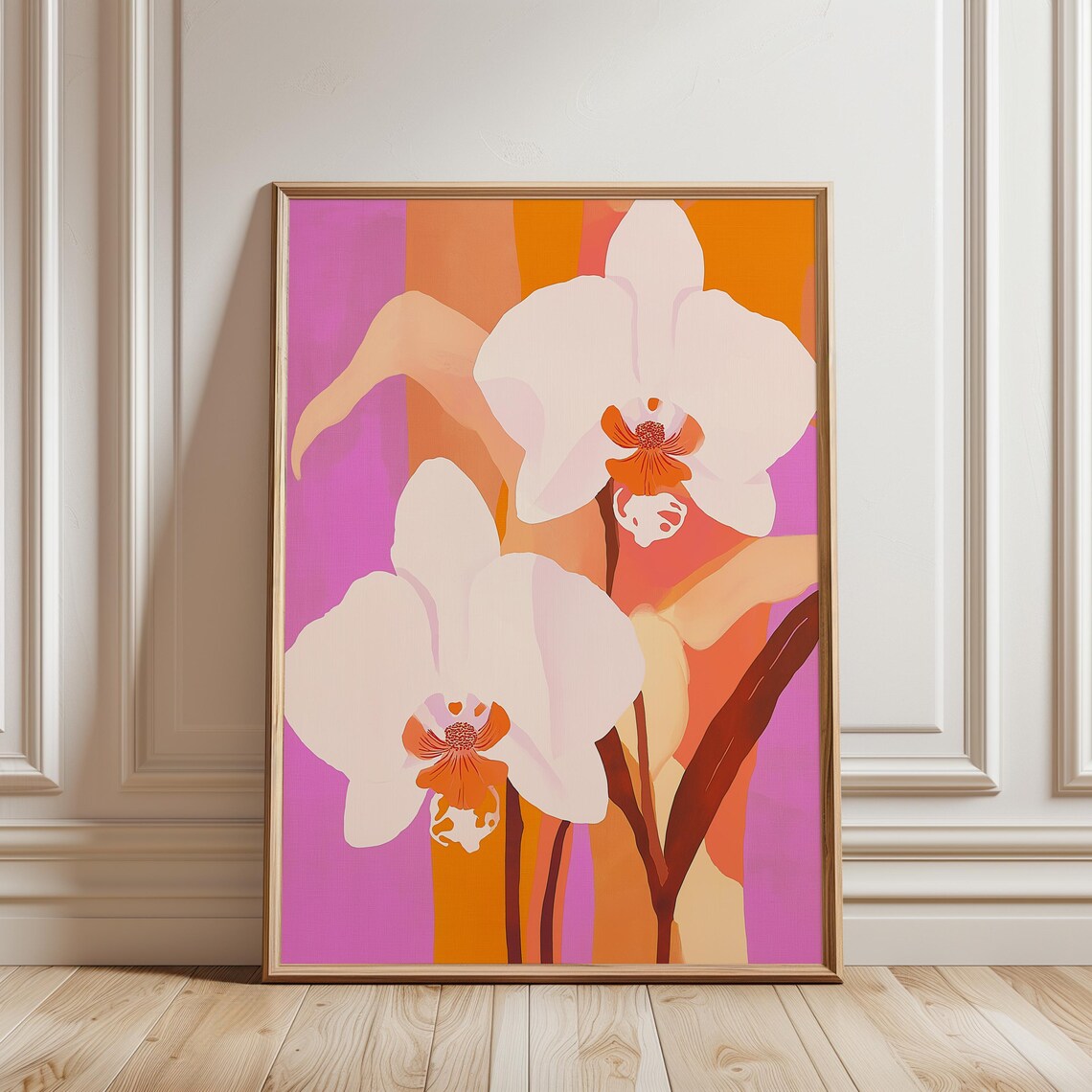 White Orchid Flower Print Pink Orange Minimalist Modern Floral Poster