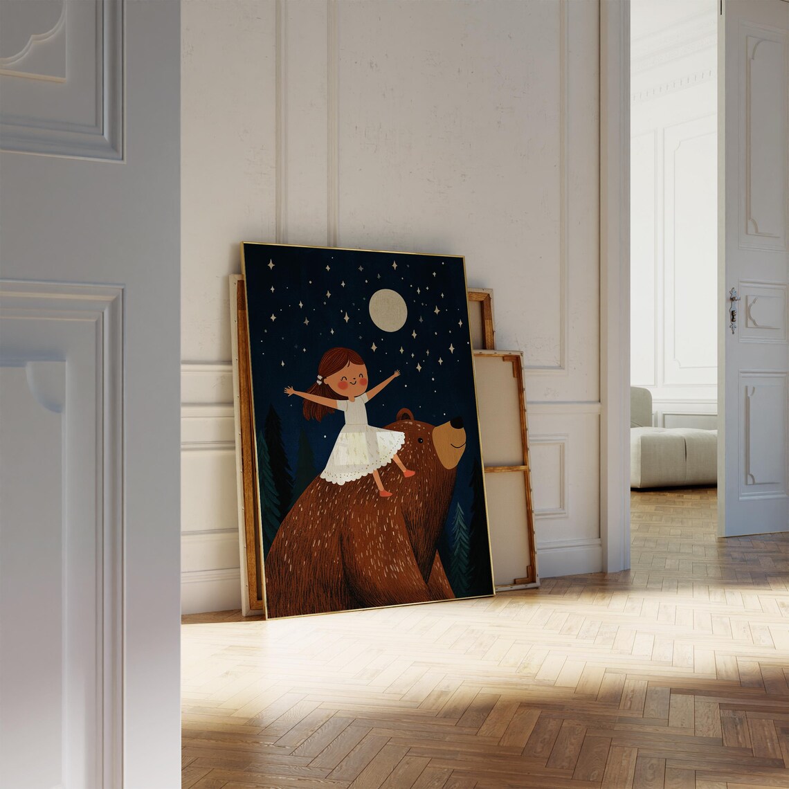 Storybook Girl Riding Friendly Bear Under Moon And Stars Poster - Image 2