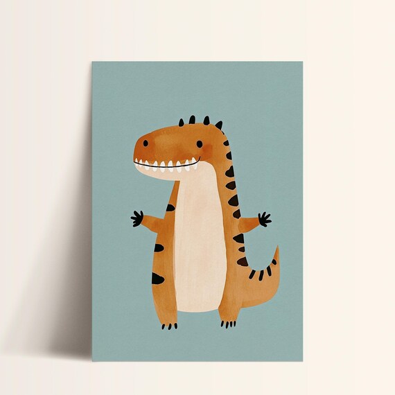 Grinning Orange T Rex Dinosaur Happy Kids Dino Room Art Poster