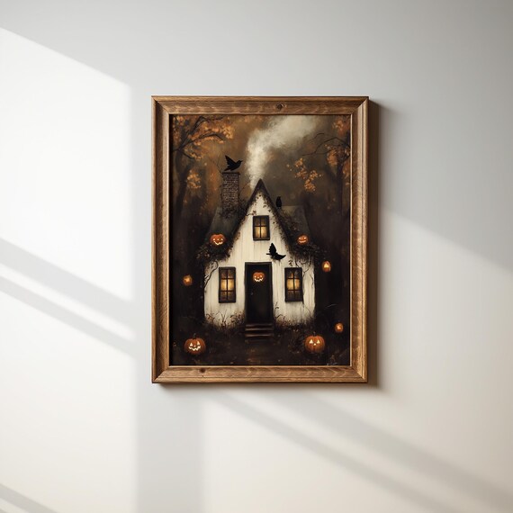 Haunted Cottage With Pumpkins And Bats Vintage Halloween Night Poster