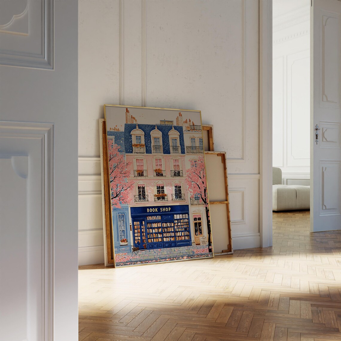 Charming Paris Book Shop with Cherry Blossoms Vintage Street Scene Poster - Image 2
