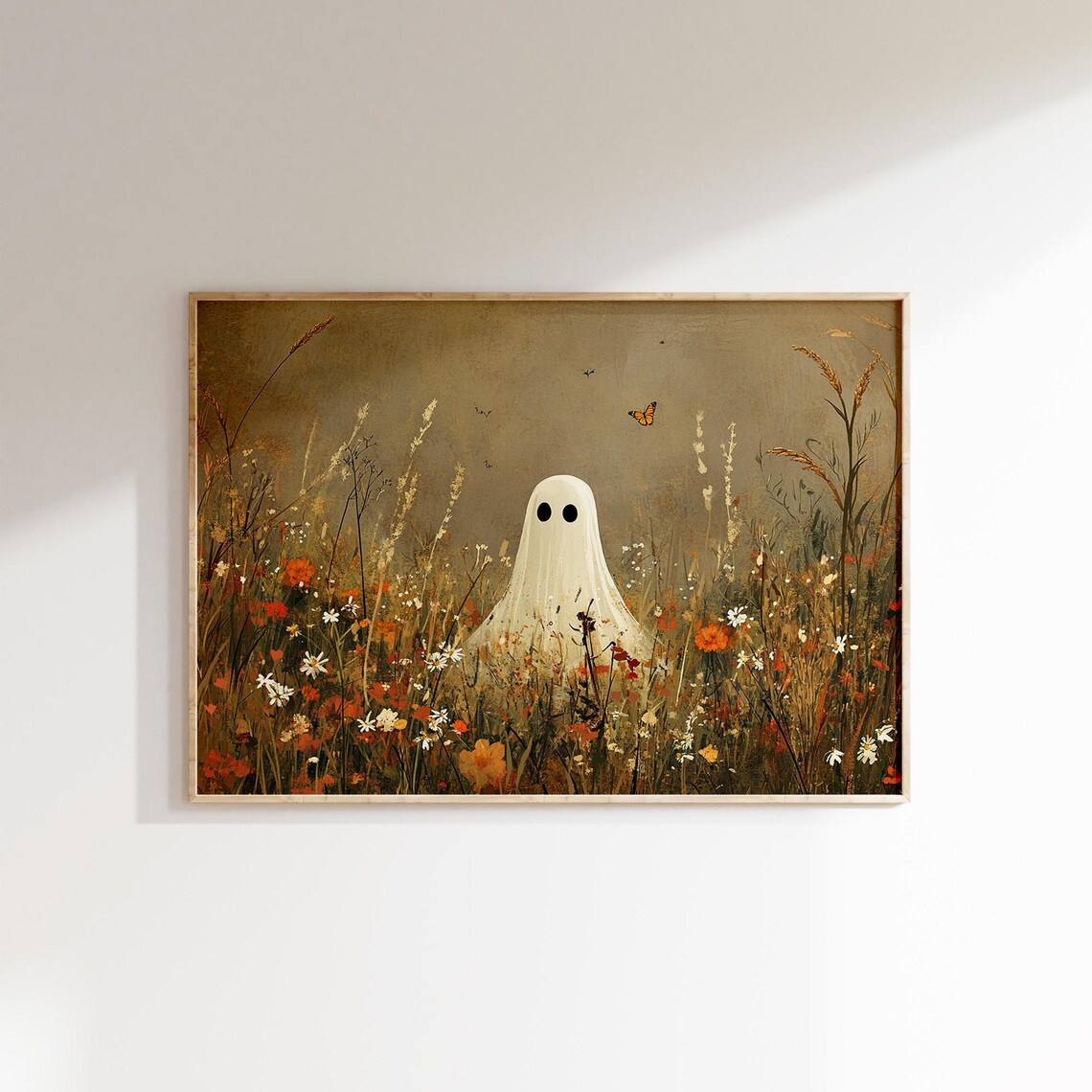 Ghost in Wildflower Field Art Poster Whimsical Vintage Halloween