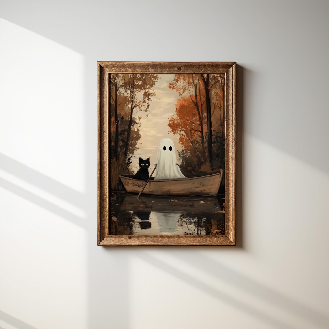 Ghost And Black Cat Rowing Boat On Autumn Lake Vintage Halloween Poster