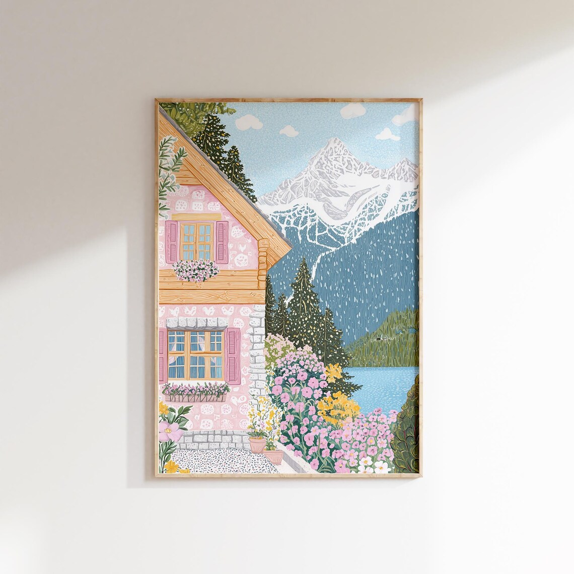Pink Alpine Chalet Lake Snowy Peak Wildflower Garden Summer Poster - Image 2