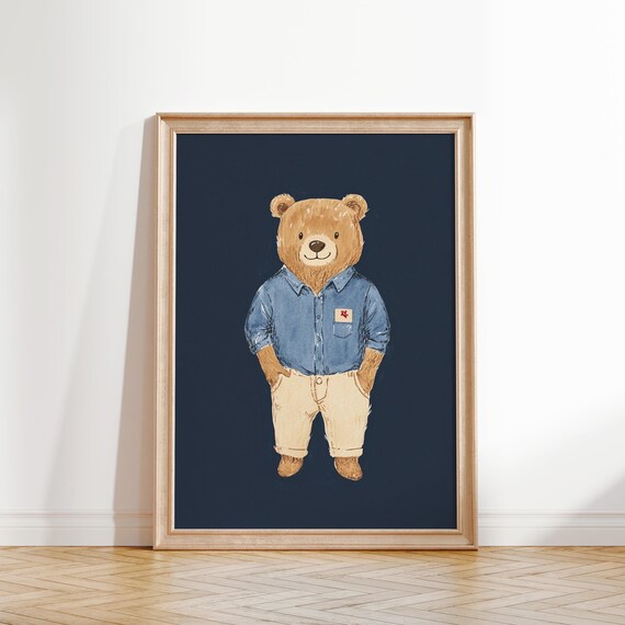 Casual Teddy Bear in Denim Shirt and Khaki Pants Cute Kids Room Poster