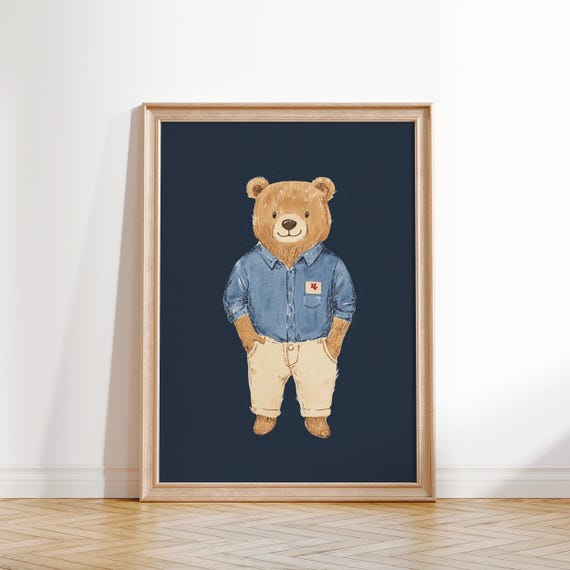 Preppy Teddy Bear Wall Art Vintage Nursery Decor Kids Room Print Baby Room Poster Retro Animal Wall Art Boys Room Decor