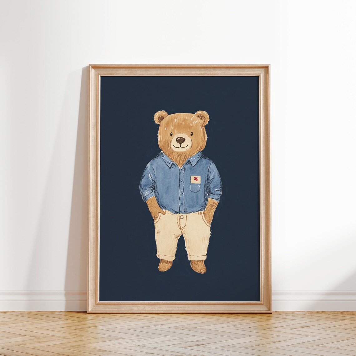 Casual Teddy Bear in Denim Shirt and Khaki Pants Cute Kids Room Poster