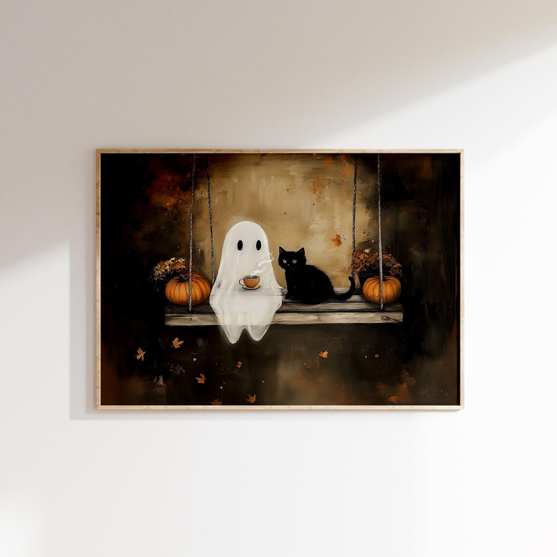Ghost Sipping Tea with Black Cat on a Rustic Porch Swing Fall Art Poster