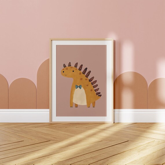 Mustard Dinosaur with Bow Tie Cute Kids Dino Nursery Art Poster