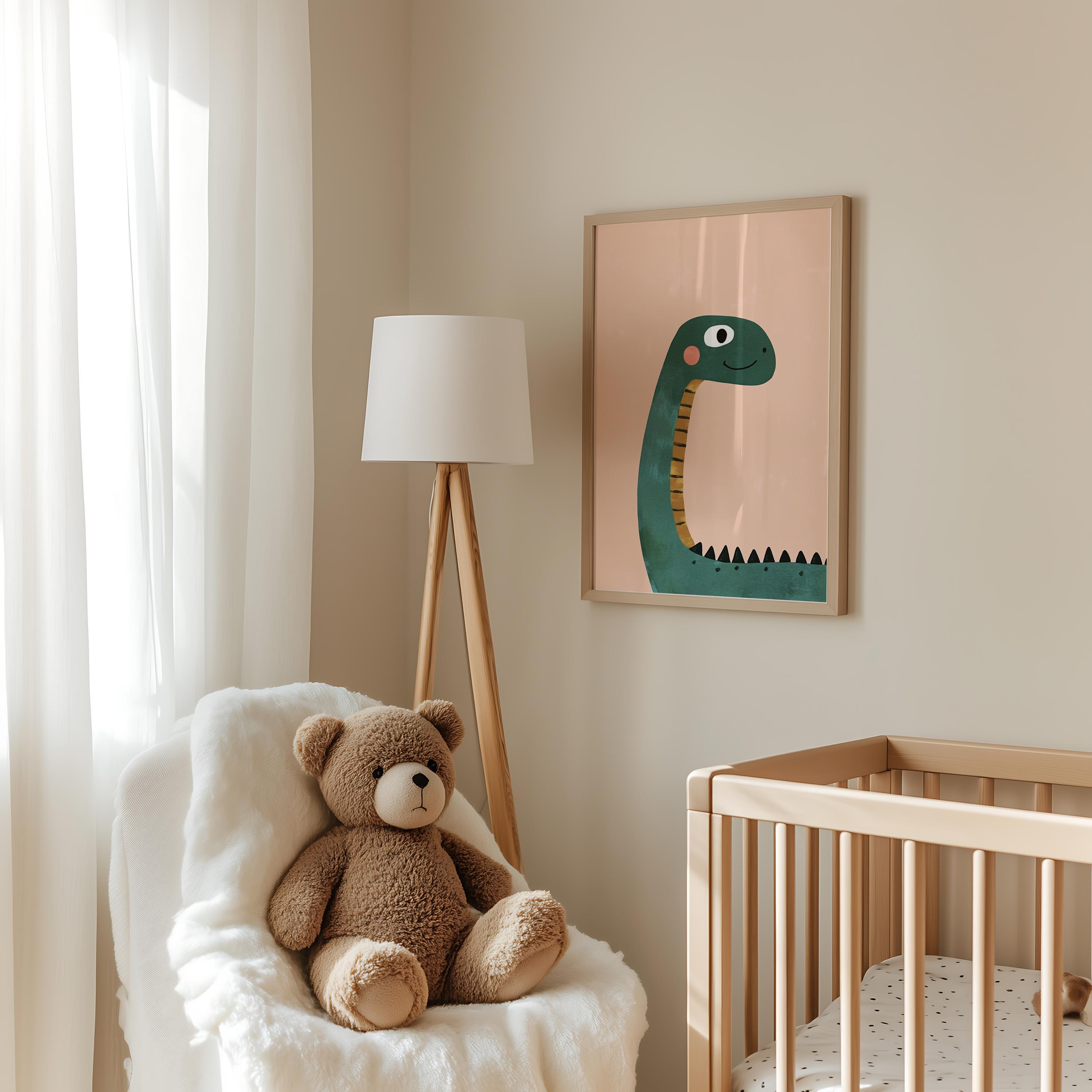 Green Long Neck Dinosaur Smiling Portrait Kids Dino Art Poster - Image 3